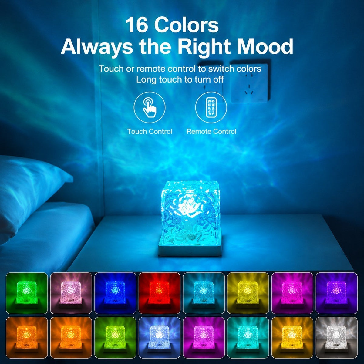 Water Ripple Night Light, Bedroom Mood Lamp, Romantic Couple Projection, 16 Colors, Touch &