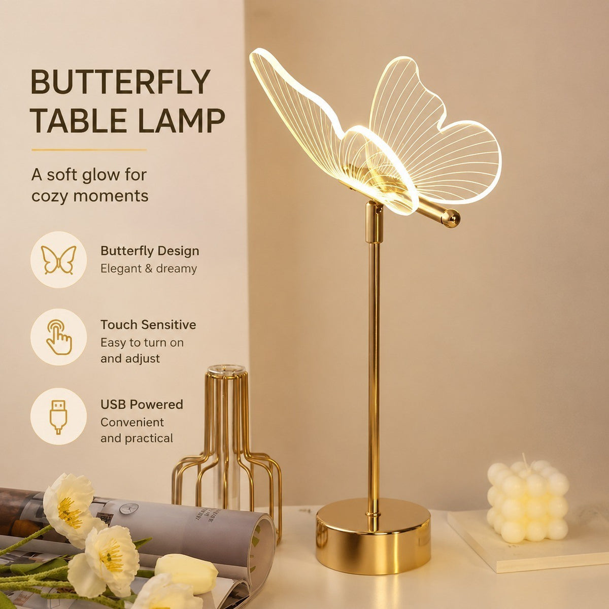 Butterfly Table Lamp, Acrylic Bedside Lamp for Girls Room, Touch Sensitive Night Light, USB