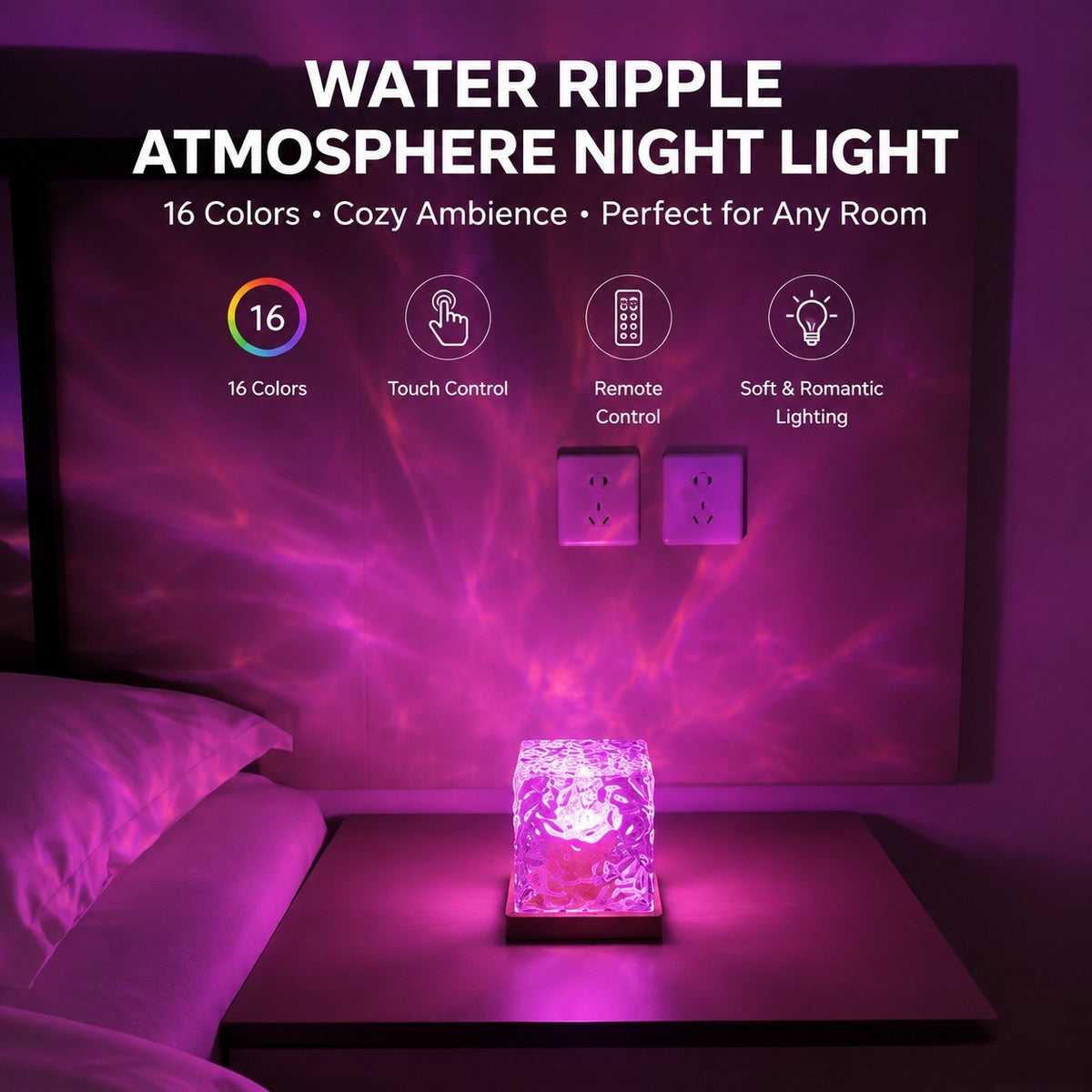 Water Ripple Night Light, Bedroom Mood Lamp, Romantic Couple Projection, 16 Colors, Touch &