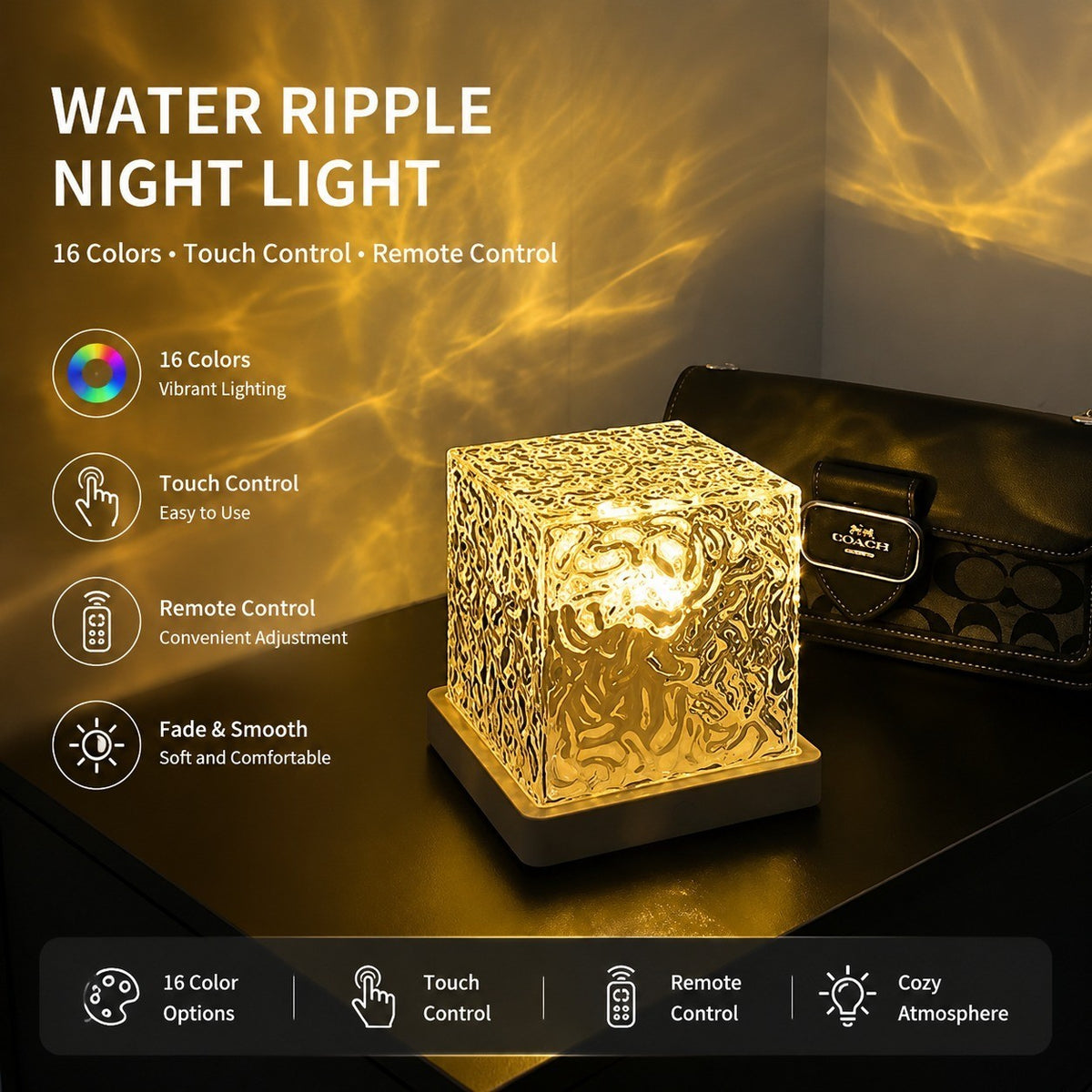 Water Ripple Night Light, Bedroom Mood Lamp, Romantic Couple Projection, 16 Colors, Touch &