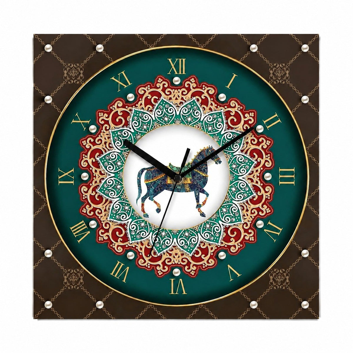 Crimson Wings in Motion Decorative Wall Clock, Frameless 3 mm Panel, Quiet Sweep – Tang Sancai Horse / 30 cm diameter