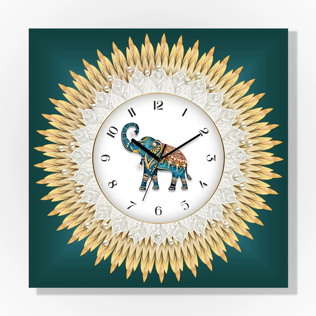 Crimson Wings in Motion Decorative Wall Clock, Frameless 3 mm Panel, Quiet Sweep – Gold and Jade Imperial Elephant / 30 cm diameter