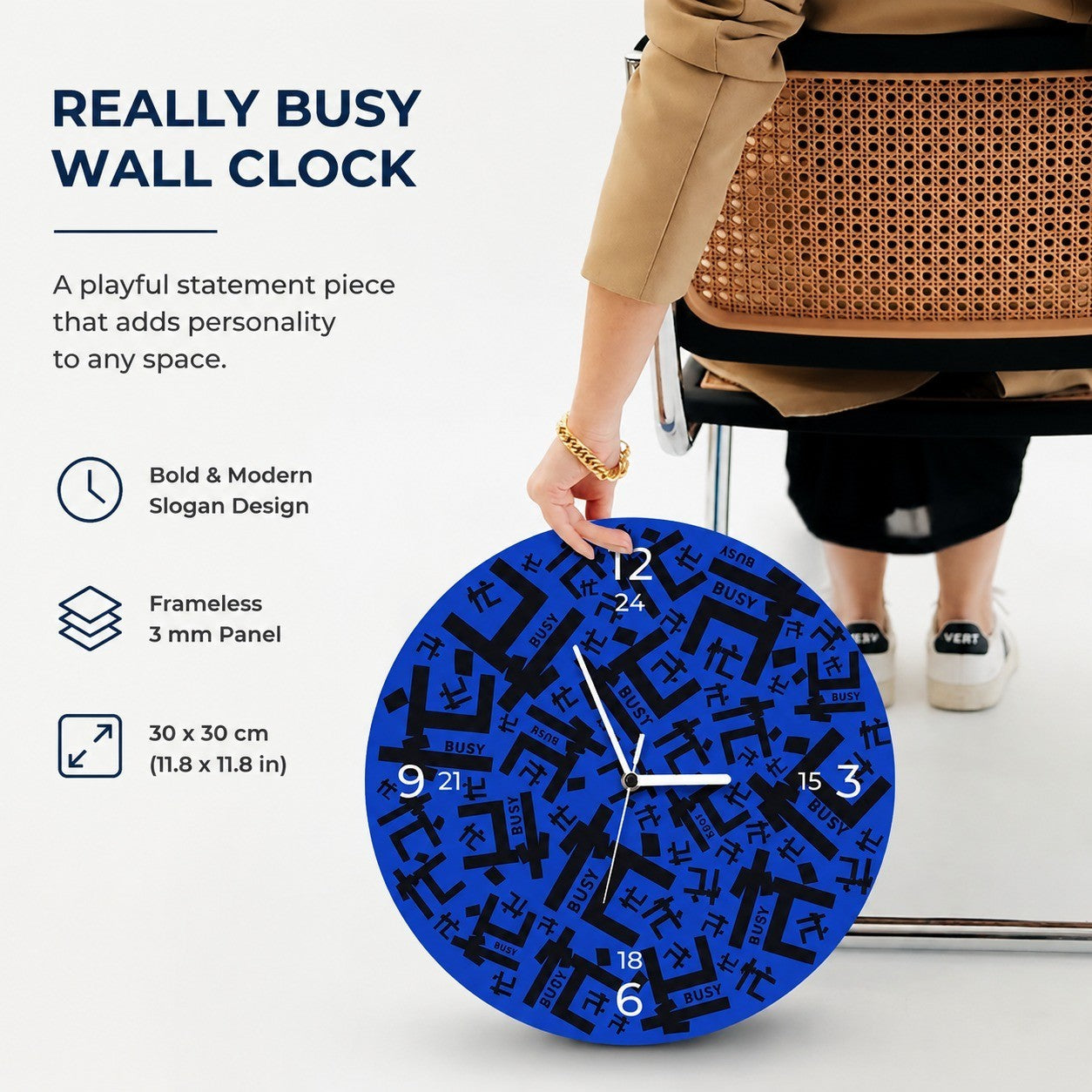 Modern Office Slogan Wall Clock, Frameless 3 mm Panel, Really Busy Design