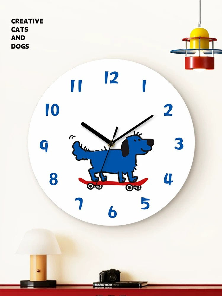 Street-Style Cat and Dog Wall Clock, Frameless 3 mm Acrylic, Cartoon Art, Living Room