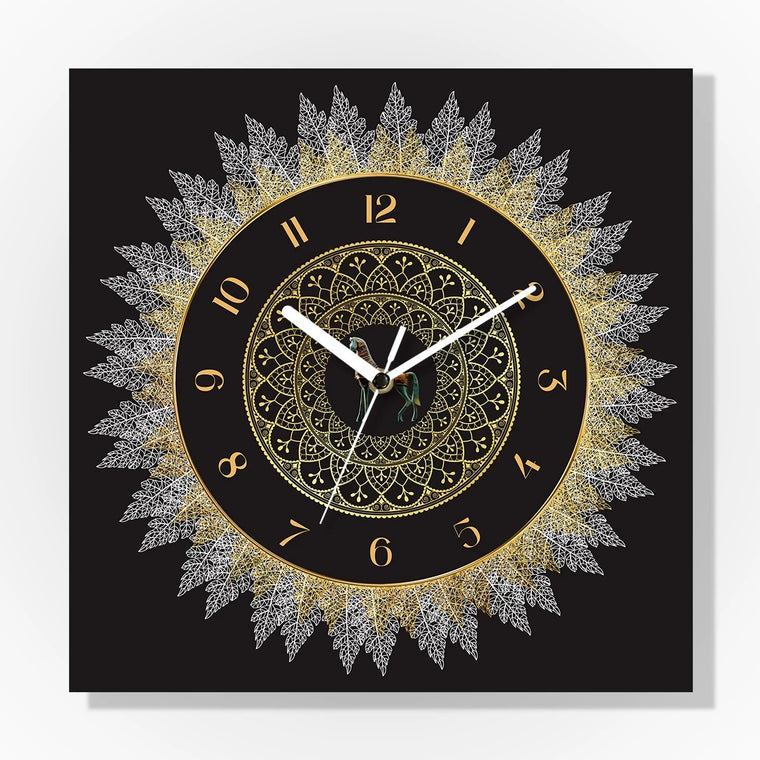 Crimson Wings in Motion Decorative Wall Clock, Frameless 3 mm Panel, Quiet Sweep – Gilded Leaves / 40 cm diameter