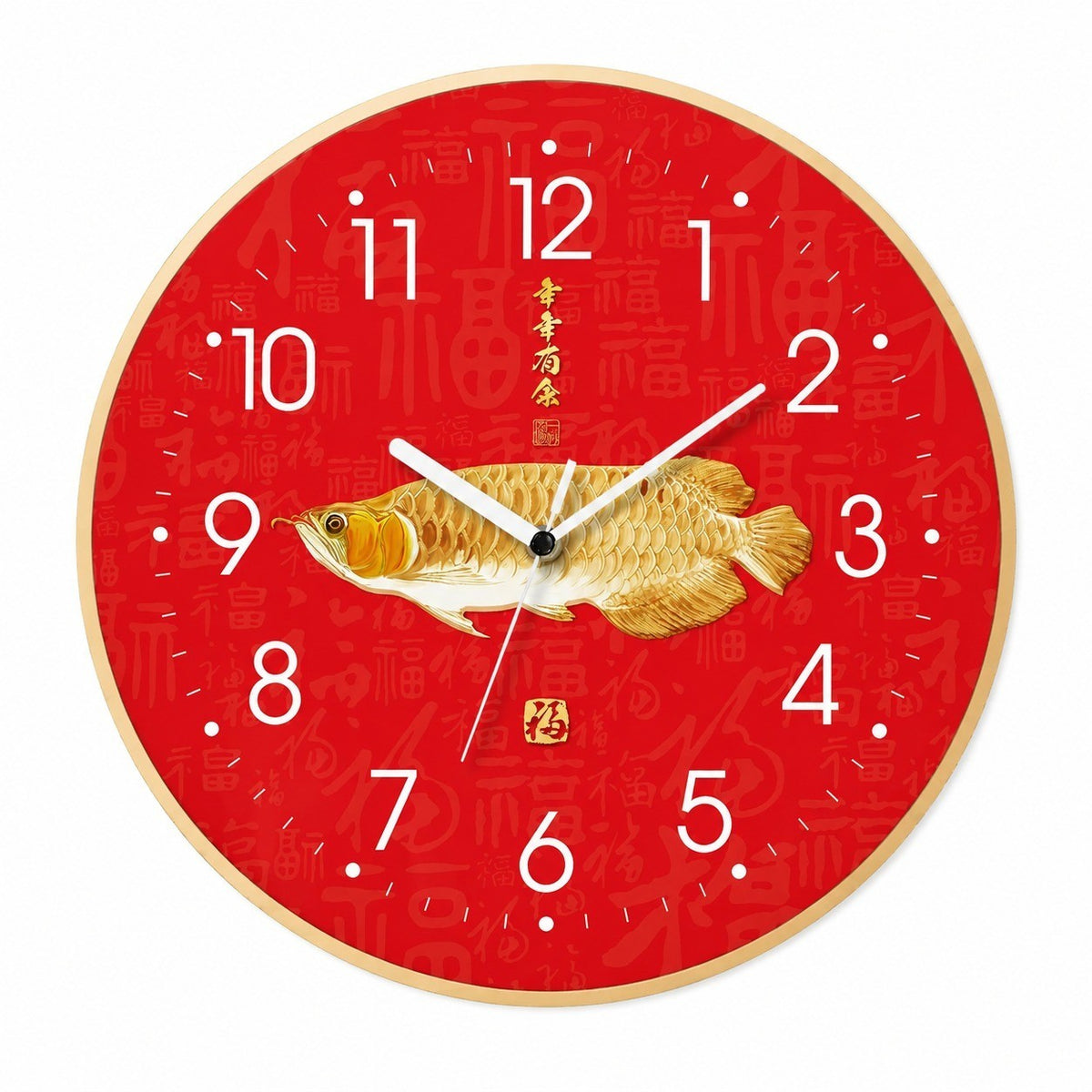 God of Wealth Quartz Wall Clock, Square, Chinese Style, Frameless, for Living Room – Golden Arowana / Round / 30 x 30 cm