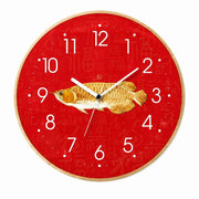 God of Wealth Quartz Wall Clock, Square, Chinese Style, Frameless, for Living Room – Golden Arowana / Round / 40 x 40 cm