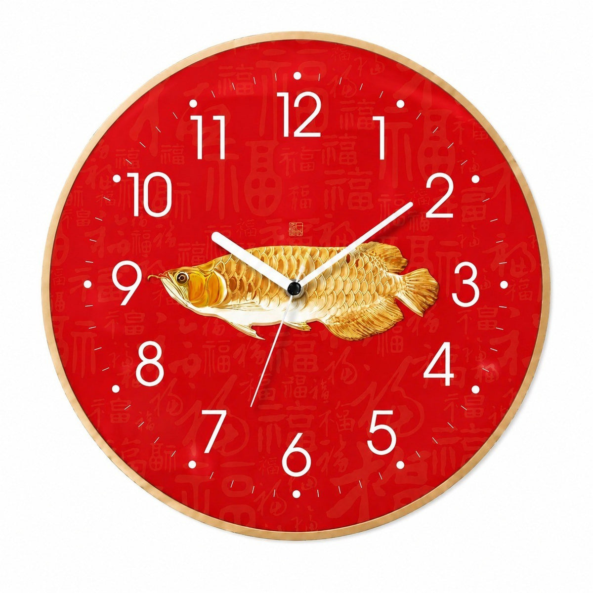 God of Wealth Quartz Wall Clock, Square, Chinese Style, Frameless, for Living Room – Golden Arowana / Round / 40 x 40 cm