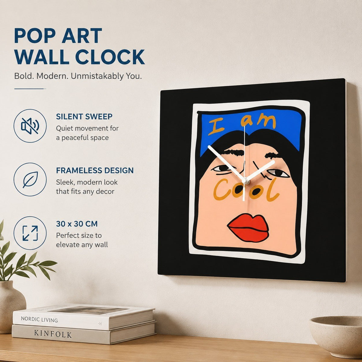 Pop Art Silent Sweep Wall Clock, Frameless, Nordic Abstract, for Living Room Study Bedroom
