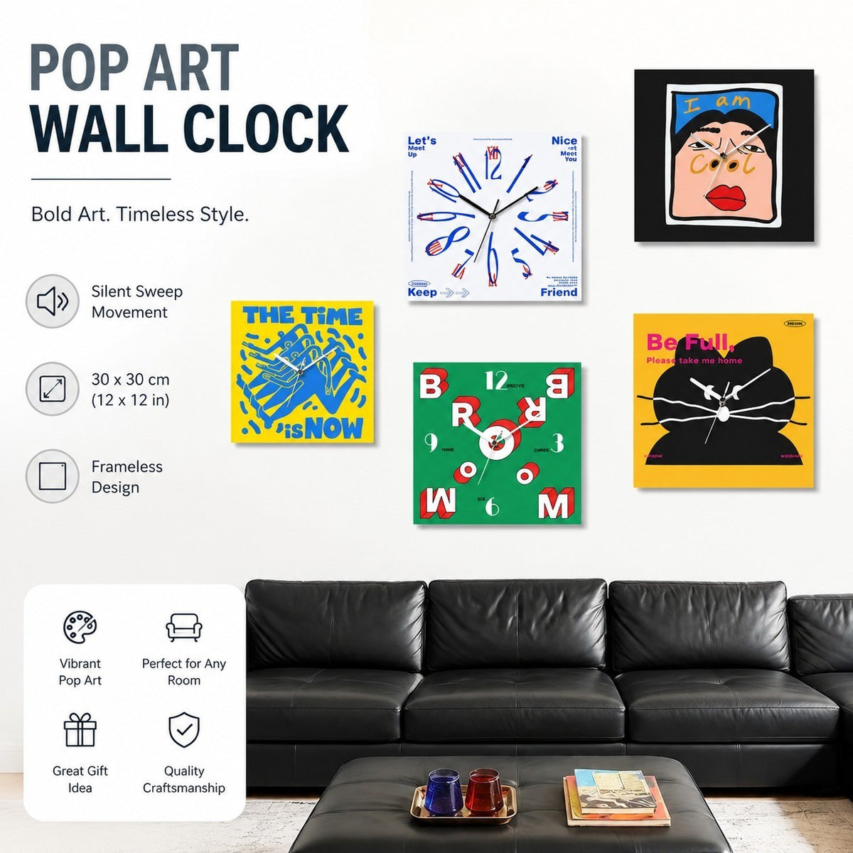Pop Art Silent Sweep Wall Clock, Frameless, Nordic Abstract, for Living Room Study Bedroom