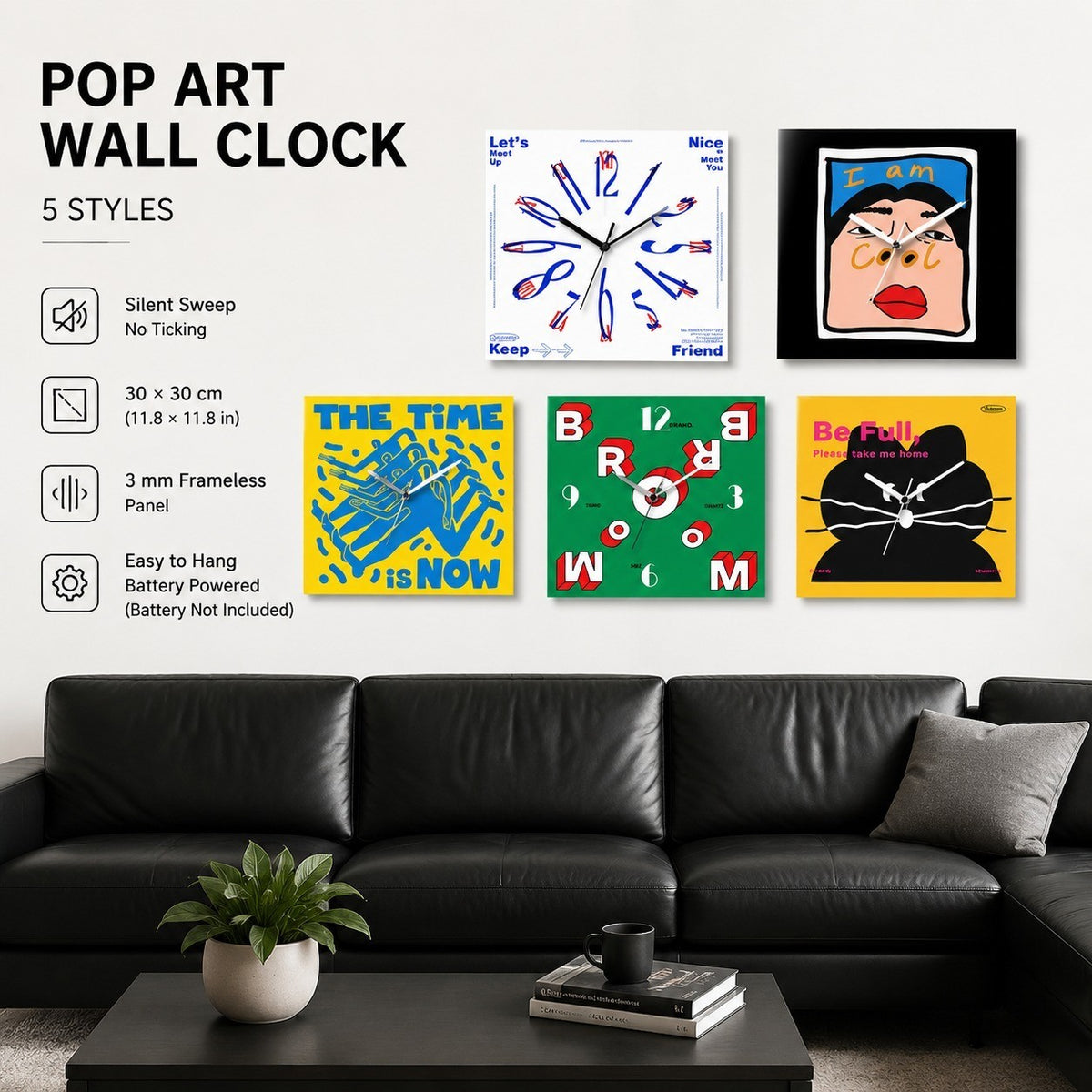 Pop Art Silent Sweep Wall Clock, Frameless, Nordic Abstract, for Living Room Study Bedroom