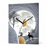 Deer Landscape Wall Clock, Rectangular, Frameless 3 mm Panel, Modern Art, Indoor – Black Deer with Moon