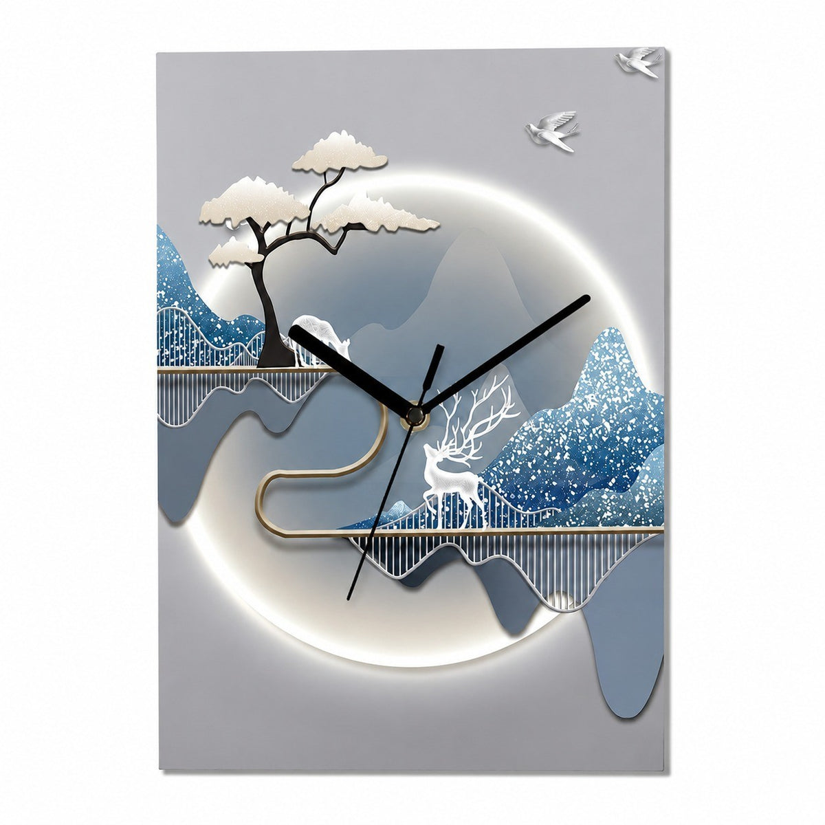 Deer Landscape Wall Clock, Rectangular, Frameless 3 mm Panel, Modern Art, Indoor – Cedar and Deer Silhouette