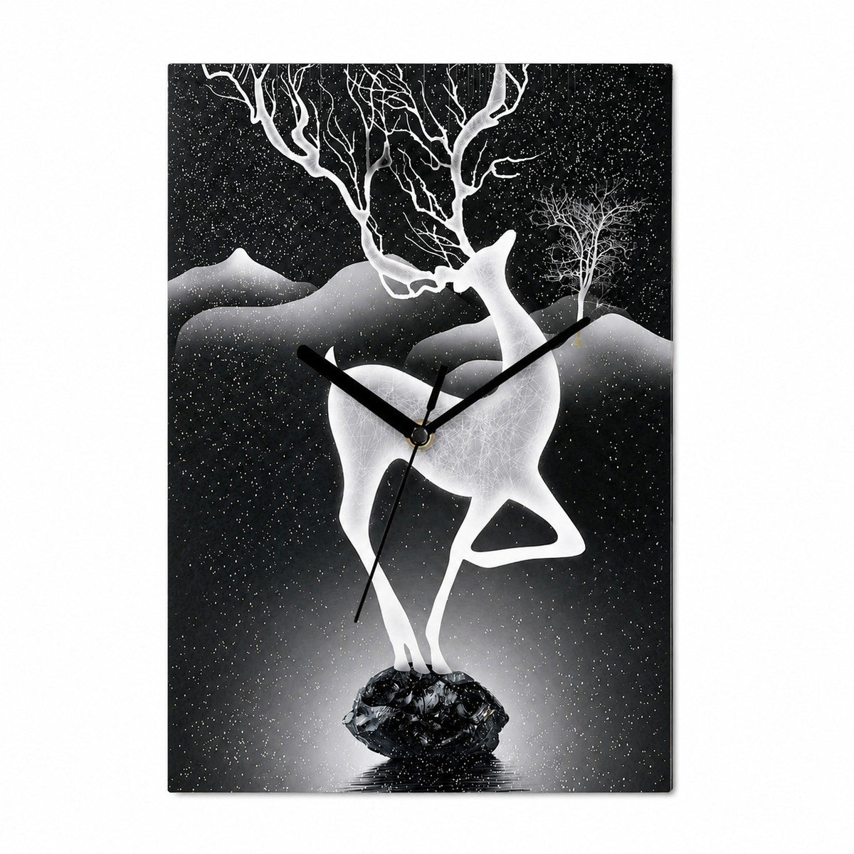 Deer Landscape Wall Clock, Rectangular, Frameless 3 mm Panel, Modern Art, Indoor – Ink Mountains and Snow Deer