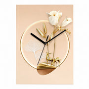 Deer Landscape Wall Clock, Rectangular, Frameless 3 mm Panel, Modern Art, Indoor – Golden Deer and White Flowers