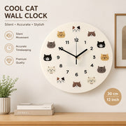 Cool Cat Cartoon Silent Quartz Wall Clock, Frameless, for Living Room Bedroom