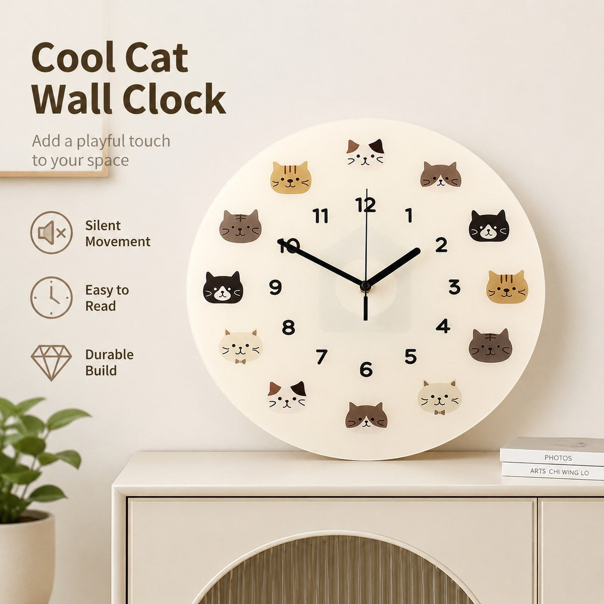 Cool Cat Cartoon Silent Quartz Wall Clock, Frameless, for Living Room Bedroom