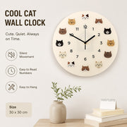 Cool Cat Cartoon Silent Quartz Wall Clock, Frameless, for Living Room Bedroom