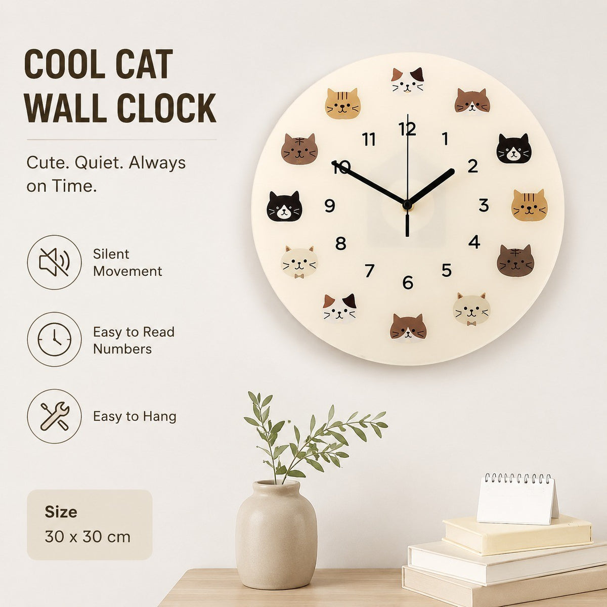 Cool Cat Cartoon Silent Quartz Wall Clock, Frameless, for Living Room Bedroom