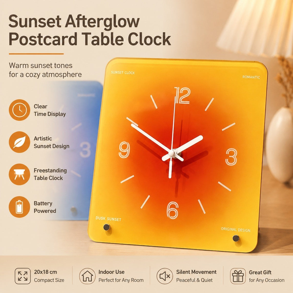 Sunset Afterglow Freestanding Table Clock, Rectangular Battery Powered, Indoor Decor Wall