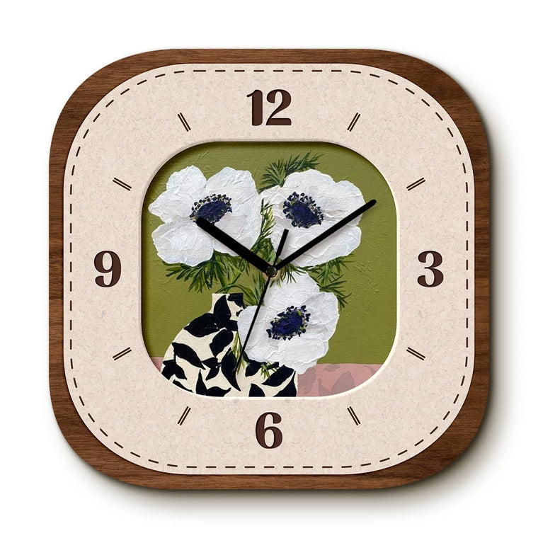 Vintage Still-Life Art Wall Clock, Vase and Flowers, Frameless 3 mm Panel – Vase and Flowers / 30 x 30 cm