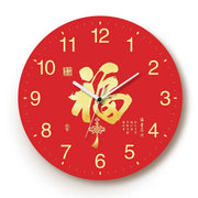 God of Wealth Quartz Wall Clock, Square, Chinese Style, Frameless, for Living Room – Red Fortune Character / Round / 40 x 40 cm