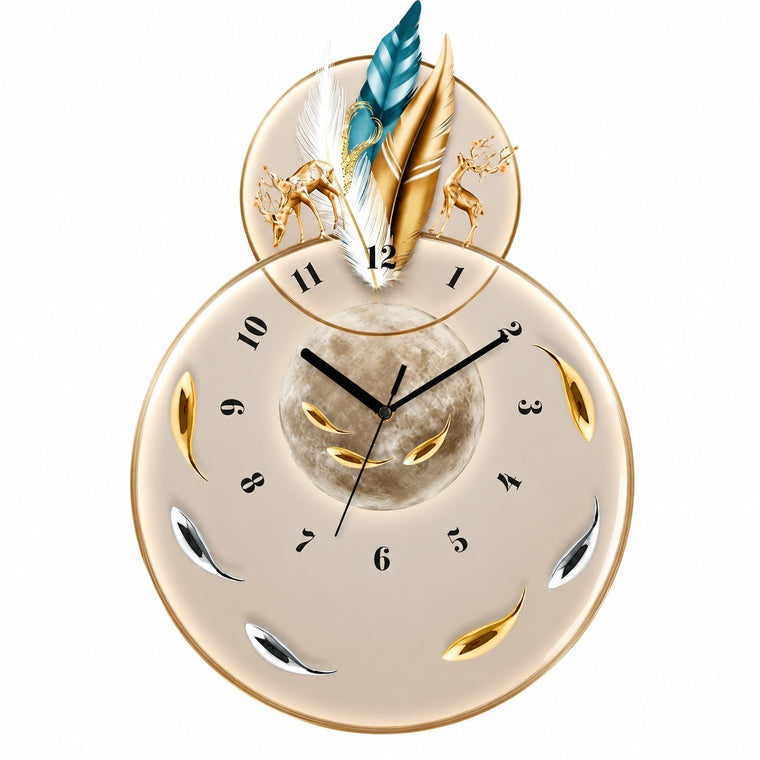 Deer Landscape Wall Clock, Rectangular, Frameless 3 mm Panel, Modern Art, Indoor – Teal Feather and Gilded Deer