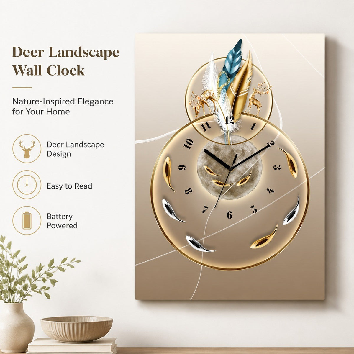 Deer Landscape Wall Clock, Rectangular, Frameless 3 mm Panel, Modern Art, Indoor
