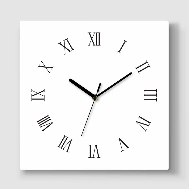 Round Dial Wall Clock, Acrylic Silent Quartz, Nordic Minimalist – Square White Dial with Roman Numerals / Extra Large, 40 x 40 cm
