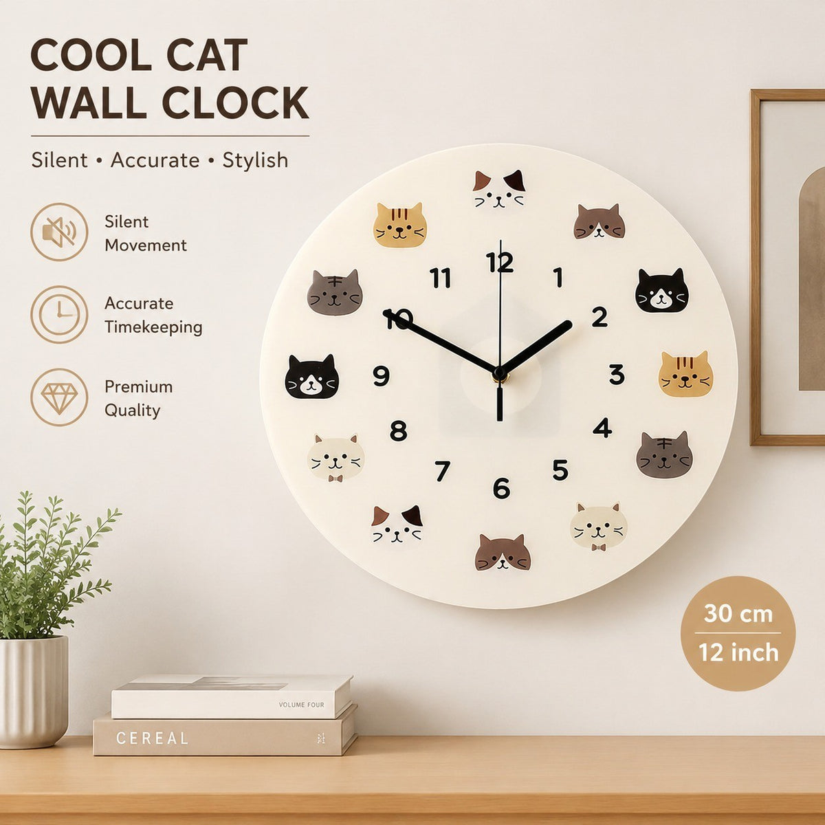 Cool Cat Cartoon Silent Quartz Wall Clock, Frameless, for Living Room Bedroom