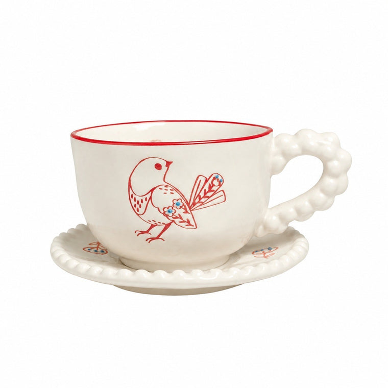 Beaded Bird Red Cup and Saucer Set, 160 ml, 1 Cup 1 Saucer - product view 1