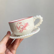 Beaded Bird Red Cup and Saucer Set, 160 ml, 1 Cup 1 Saucer - detail 1
