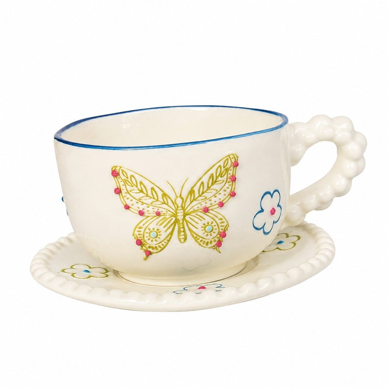Beaded Bird Red Cup and Saucer Set, 160 ml, 1 Cup 1 Saucer - product view 2