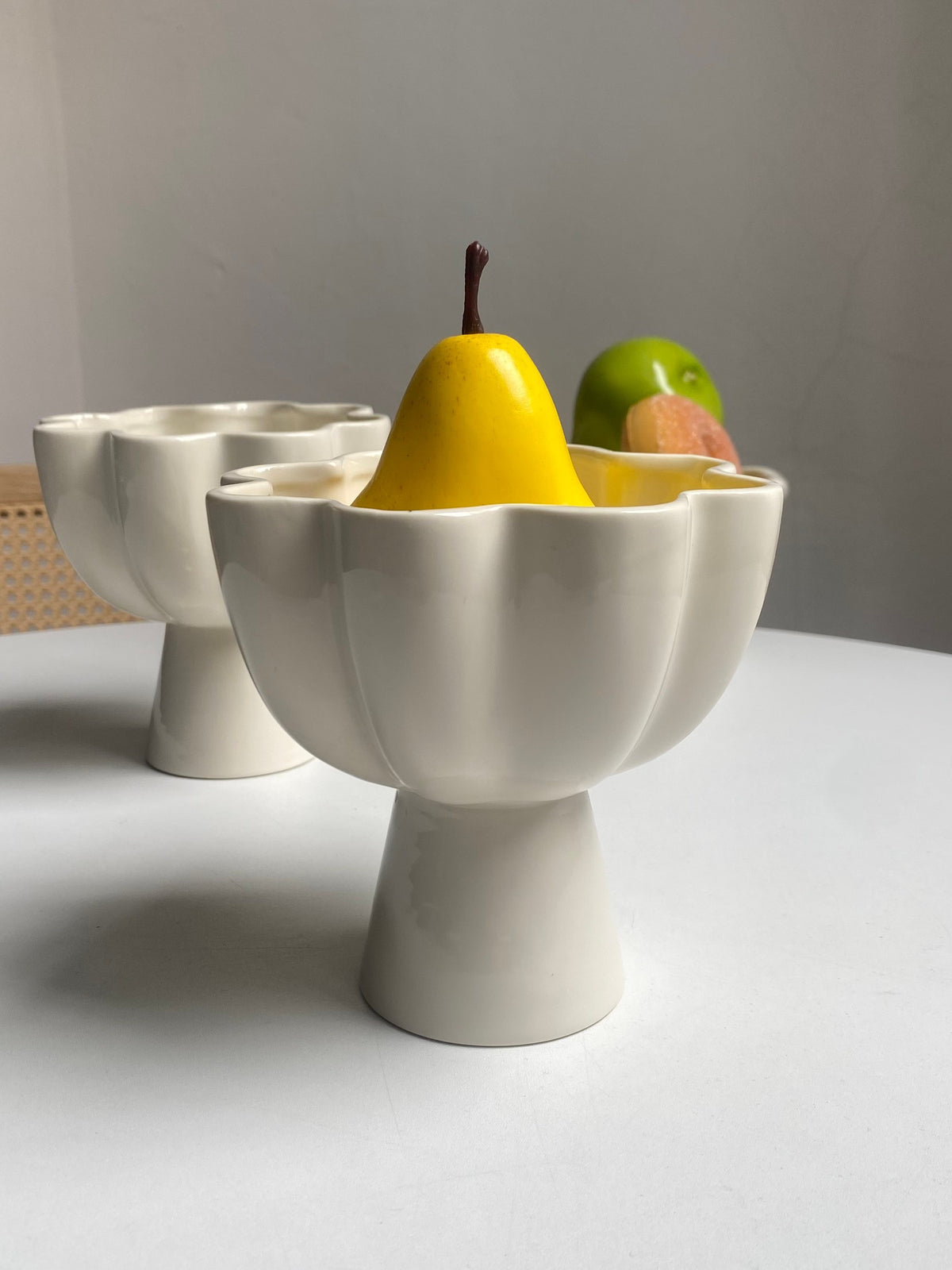 Scalloped Footed Small White Fruit Bowl, Ceramic Serving Dish - detail 2