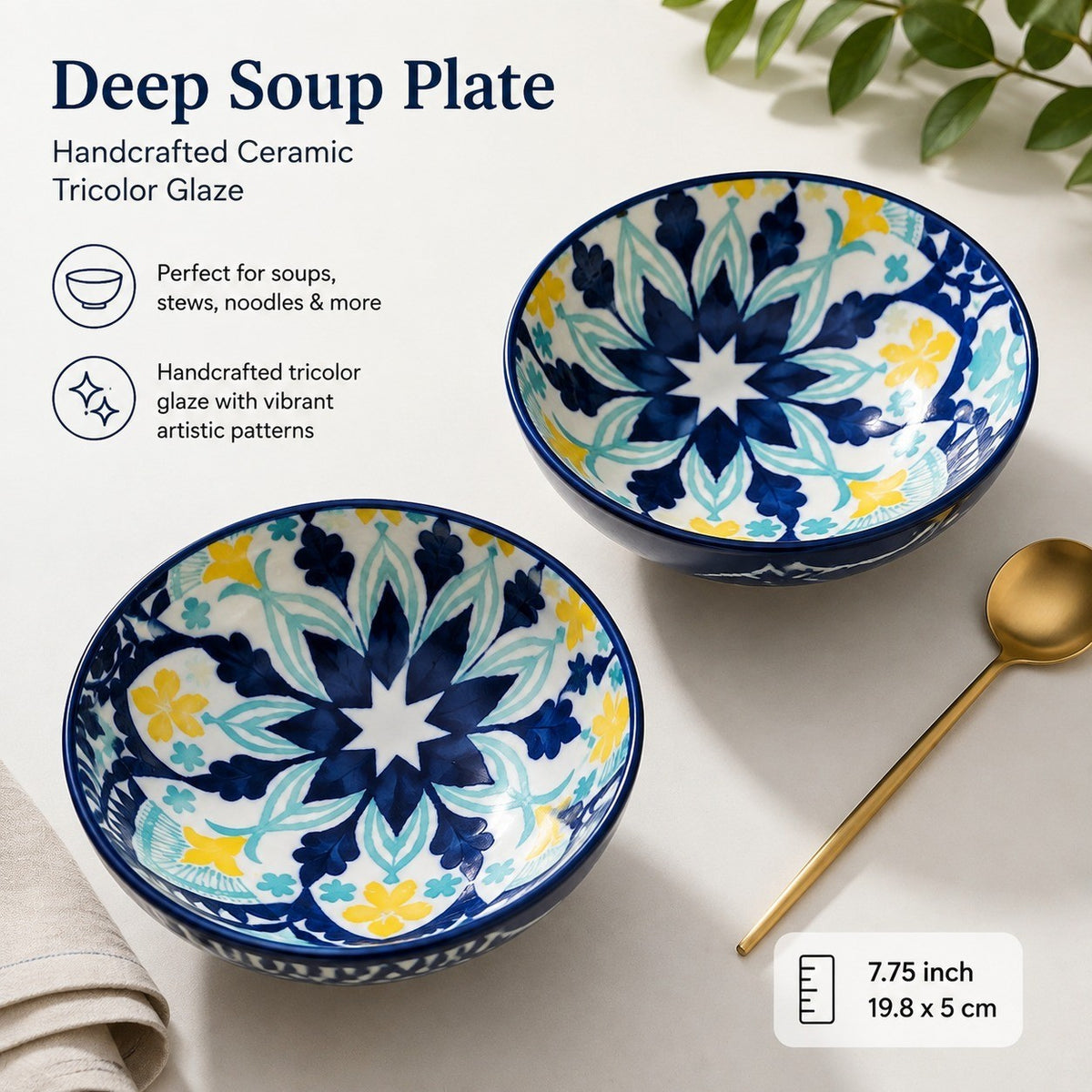 Deep Soup Plate 7.75 Inch Ceramic, Tricolor, 19.8 x 5 cm, Soup Bowl - detail 2