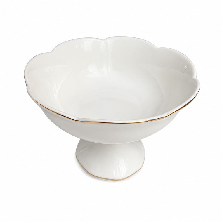 Gold-Rimmed Footed Fruit Bowl, Small White Ceramic, 13.8 x 9.5 cm - product view 1
