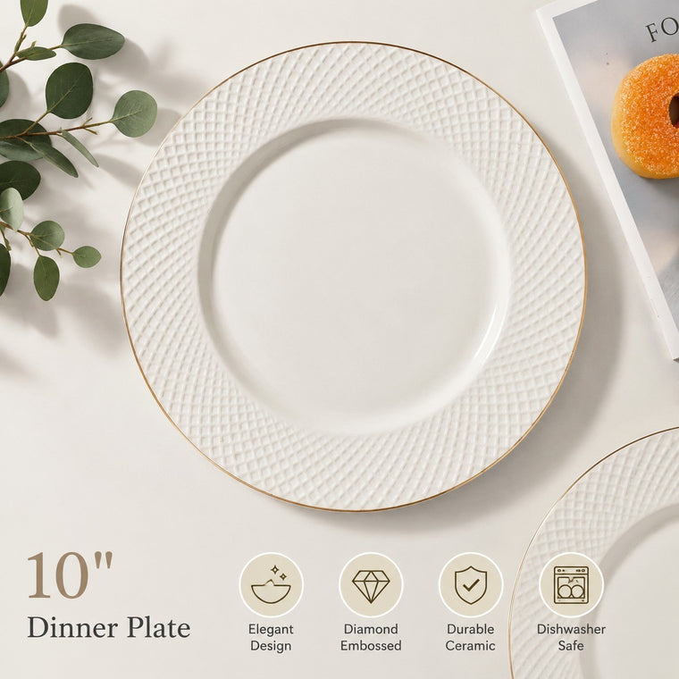 10 Inch Ceramic Plate, Gold Rim Diamond Embossed, Elegant Dinnerware - detail 1