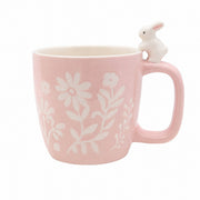 Pink Rabbit Ceramic Cup with White Flowers, 400 ml, Relief Detail - product view 2
