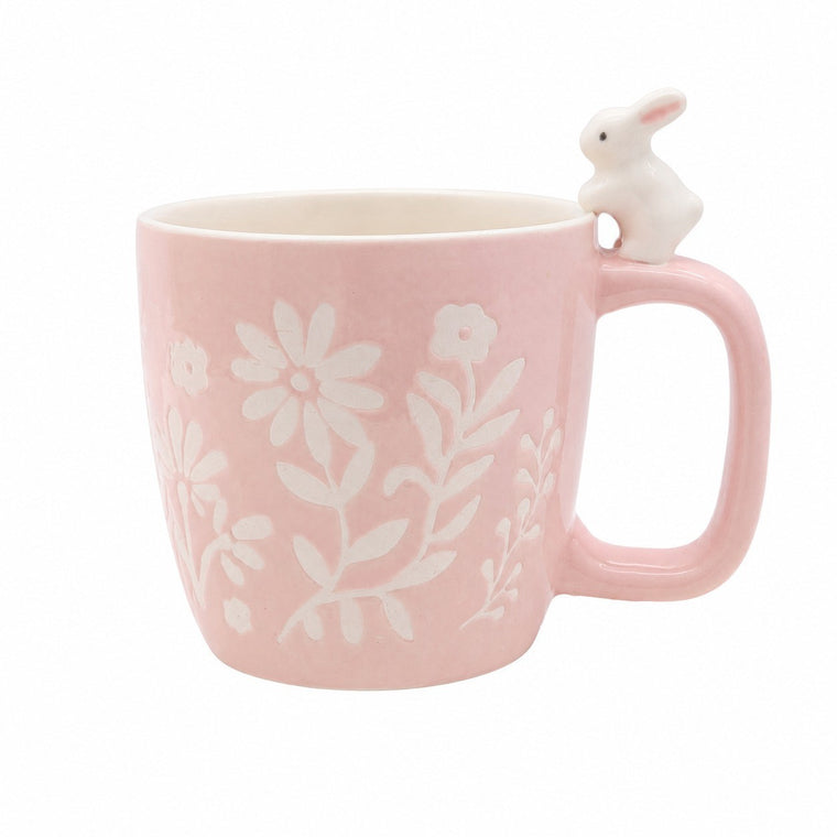 Pink Rabbit Ceramic Cup with White Flowers, 400 ml, Relief Detail - product view 2