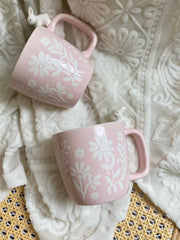 Pink Rabbit Ceramic Cup with White Flowers, 400 ml, Relief Detail - detail 2