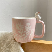 Pink Rabbit Ceramic Cup with White Flowers, 400 ml, Relief Detail - detail 1