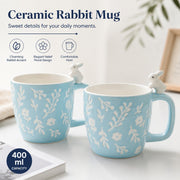 Pink Rabbit Ceramic Cup with White Flowers, 400 ml, Relief Detail - detail 3