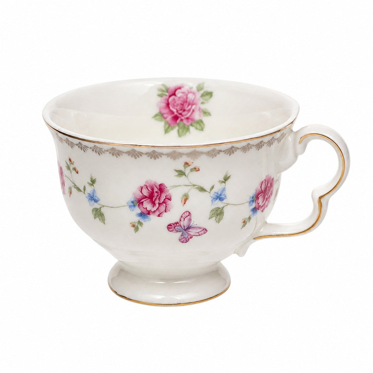 Ceramic Cup Red Blue Floral Vine 250 ml, Gold Painted Detailing - product view 1