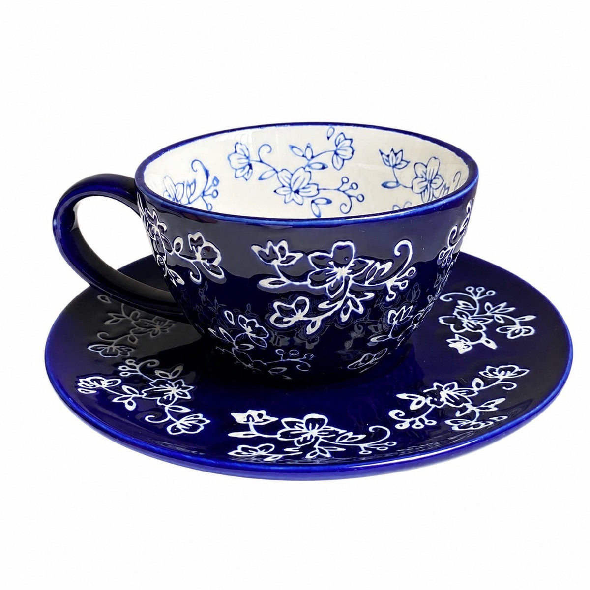 Red Carved Floral Ceramic Cup and Saucer Set, 300 ml, 1 Cup 1 Saucer, Relief Detail - product view 2