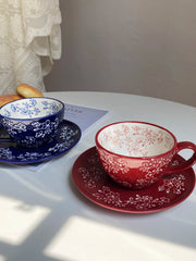 Red Carved Floral Ceramic Cup and Saucer Set, 300 ml, 1 Cup 1 Saucer, Relief Detail - detail 2