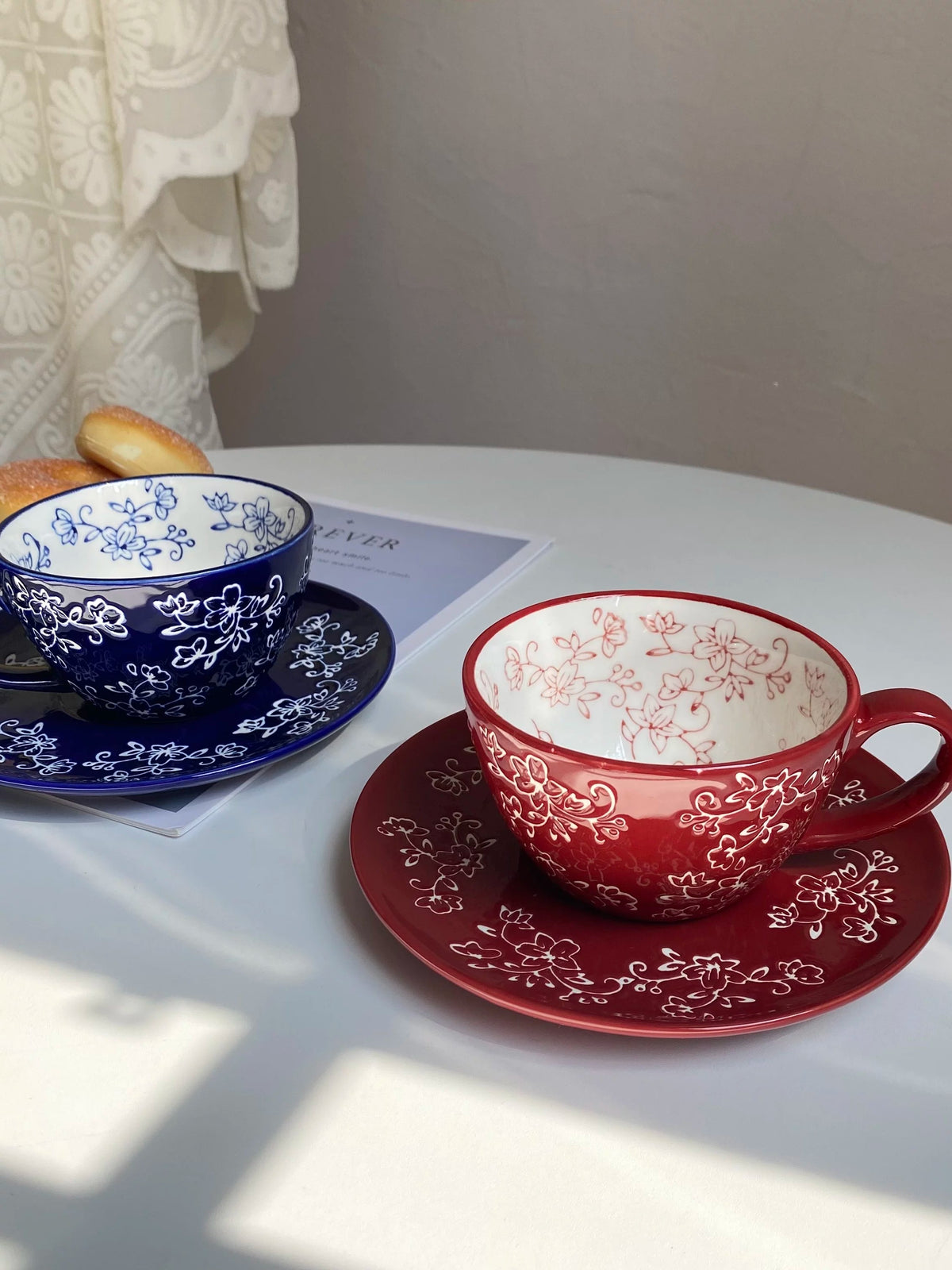 Red Carved Floral Ceramic Cup and Saucer Set, 300 ml, 1 Cup 1 Saucer, Relief Detail - detail 2
