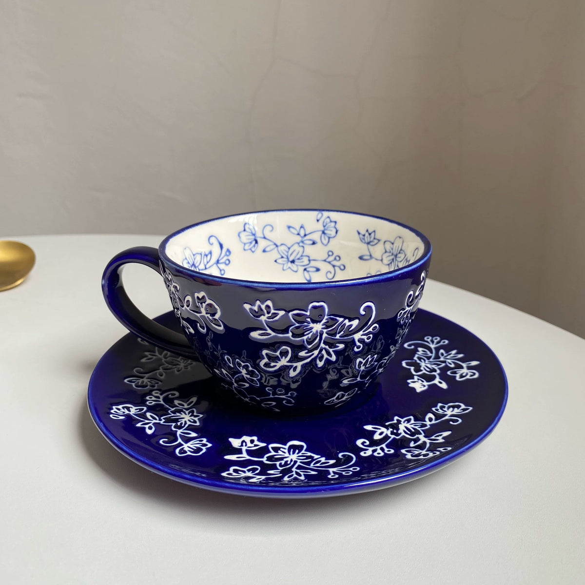 Red Carved Floral Ceramic Cup and Saucer Set, 300 ml, 1 Cup 1 Saucer, Relief Detail - detail 1