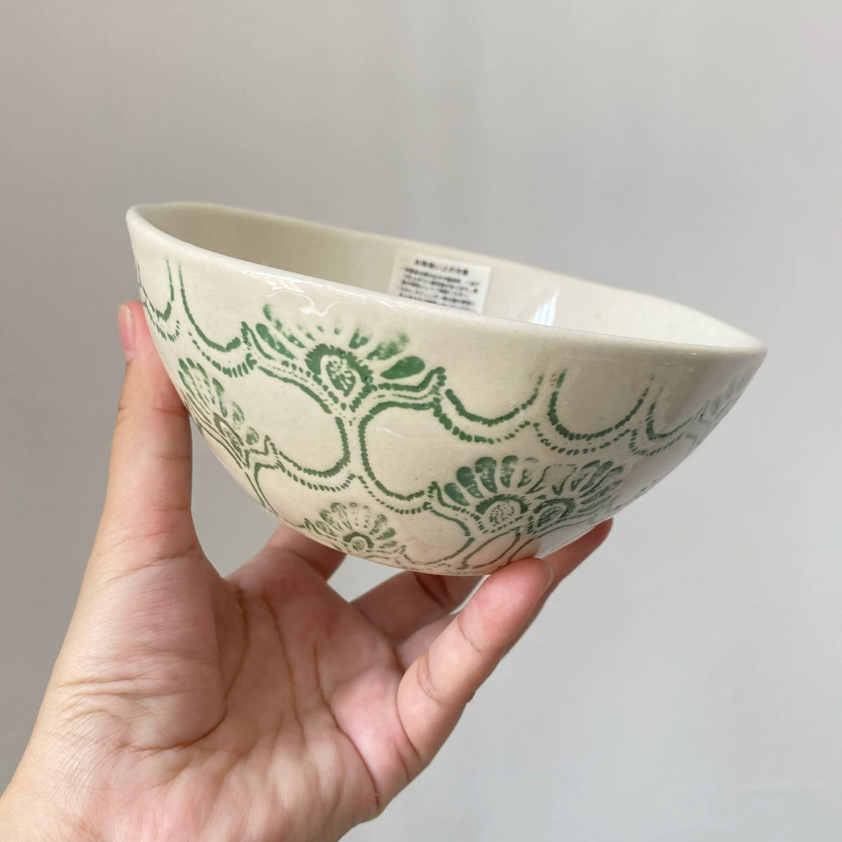 Green Fan Pattern Ceramic Bowl, 5.5 Inch, Underglaze Decoration - detail 1