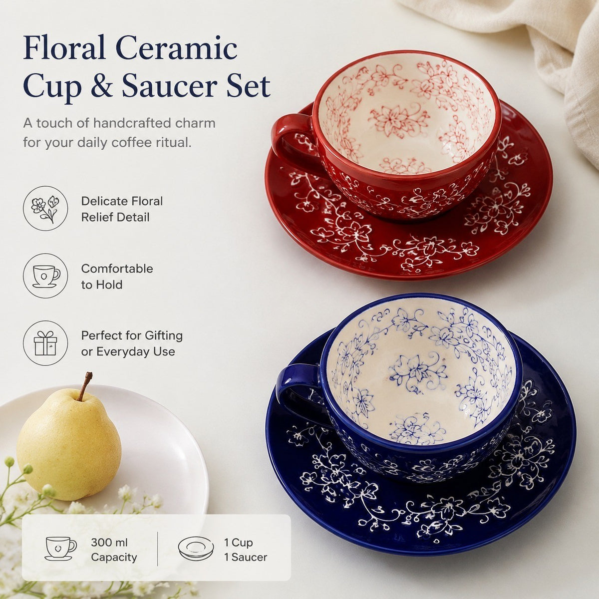 Red Carved Floral Ceramic Cup and Saucer Set, 300 ml, 1 Cup 1 Saucer, Relief Detail - detail 3