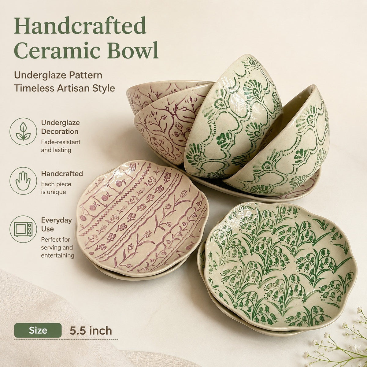 Green Fan Pattern Ceramic Bowl, 5.5 Inch, Underglaze Decoration - detail 3